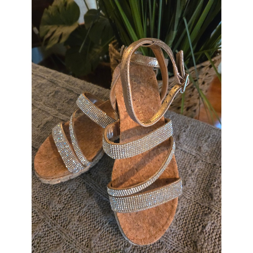 KELLY & KATIE Women's Rose Gold Rhinestone Espadrille Platform Sandals Size 6.5